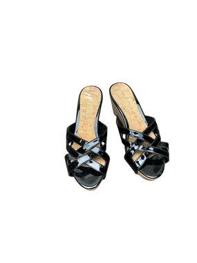 Delman Black Patent Leather Wedge Sandals Slip On Size